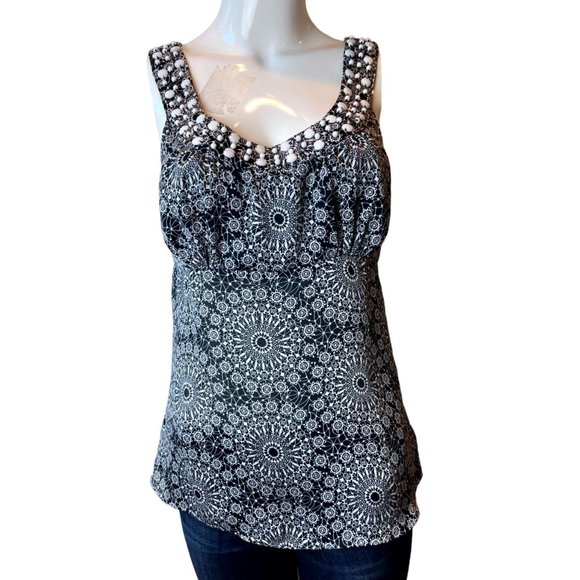 Ann Taylor Loft Women Zippered Blouse Top Beaded Collar Geometric Black White 6 - Picture 1 of 9